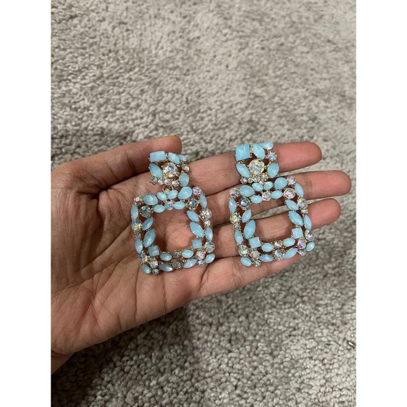 blue rhinestone earring big baby blue light blue statement long sky blue crystal - Picture 3 of 3